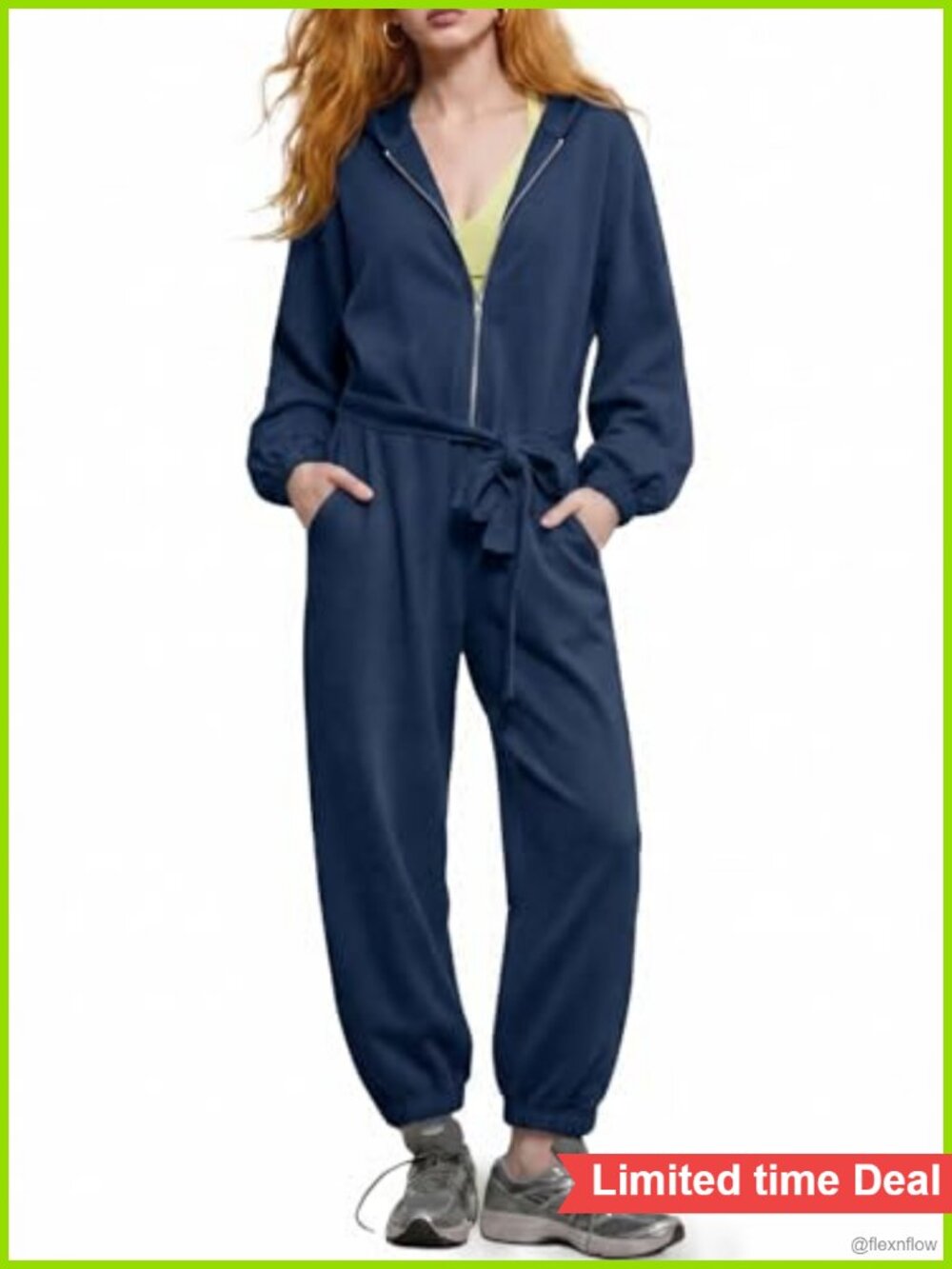 Women's Zip Up Hooded Jumpsuit Long Sleeve Tie Waist Athletic One Piece